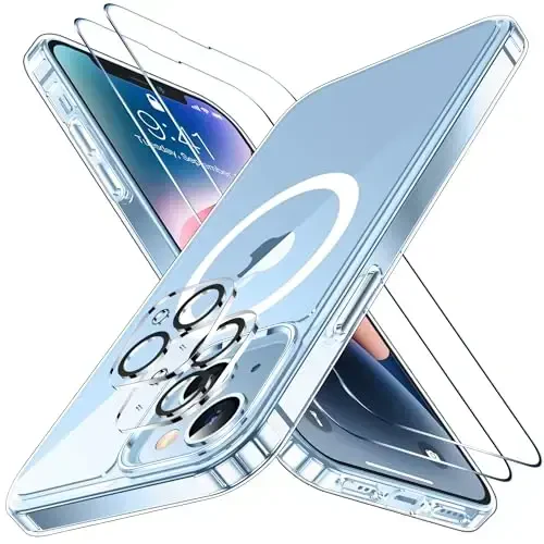SPIDERCASE for iPhone 14 Case/iPhone 15 Case, [15 FT Military Grade Drop Protection] Magnetic [Crystal Clear] 2 Pack [Tempered Glass Screen Protectors+Camera Lens Protectors] Slim Case, Clear 