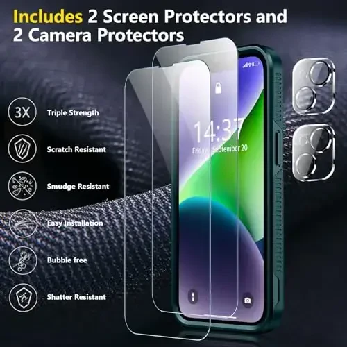 SPIDERCASE for iPhone 14 Case/iPhone 15 Case, [15 FT Military Grade Drop Protection][Non-Slip] 2 Pack [Tempered Glass Screen Protectors+Camera Lens Protectors] Heavy Duty Shockproof Case, Dark Green - 4