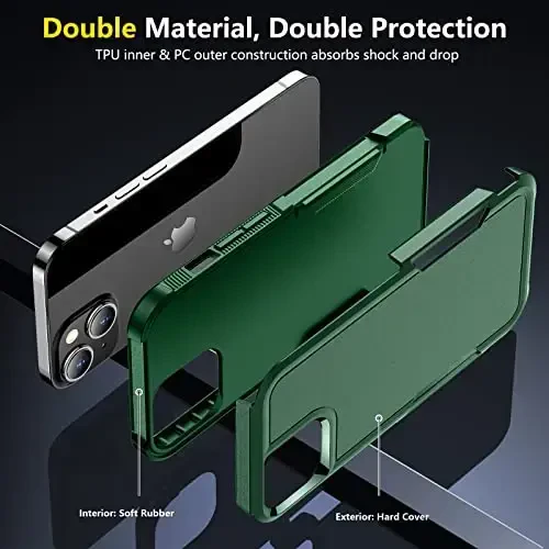 SPIDERCASE for iPhone 14 Case/iPhone 15 Case, [15 FT Military Grade Drop Protection][Non-Slip] 2 Pack [Tempered Glass Screen Protectors+Camera Lens Protectors] Heavy Duty Shockproof Case, Deep Green - 6