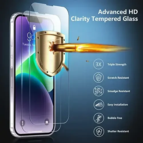 SPIDERCASE for iPhone 14 /iPhone 15 Case, [15 FT Military Grade Drop Protection] [Crystal Clear] 2 Pack [Tempered Glass Screen Protectors+Camera Lens Protectors] [Not Yellowing] Slim , Clear - 6