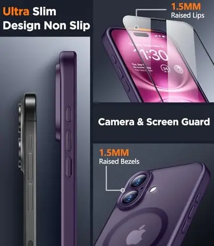 SPIDERCASE iPhone 16 Kılıf için Tasarlanmış, Manyetik Yarı Saydam [2+Tam Kaplama Temperli Cam Ekran Koruyucu] [Tam Kamera Koruma] Parmak İzi Karşıtı Çizilmez iPhone 16 6.1” için, Mor - 4