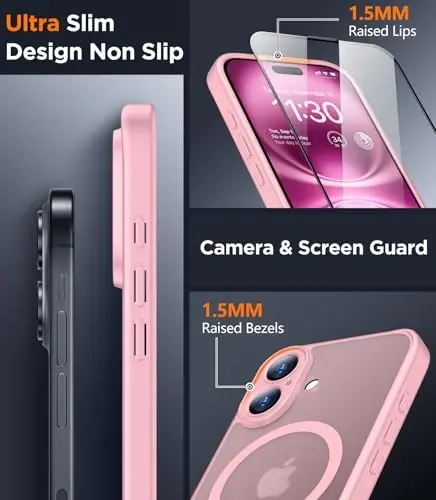 SPIDERCASE iPhone 16 Kılıfı için Tasarlandı, Manyetik Yarı Saydam [2+Tam Kapsama Temperli Cam Ekran Koruyucu] [Tam Kamera Koruması] Parmak İzi Önleyici Çizilmez iPhone 16 6.1”, Pembe - 4