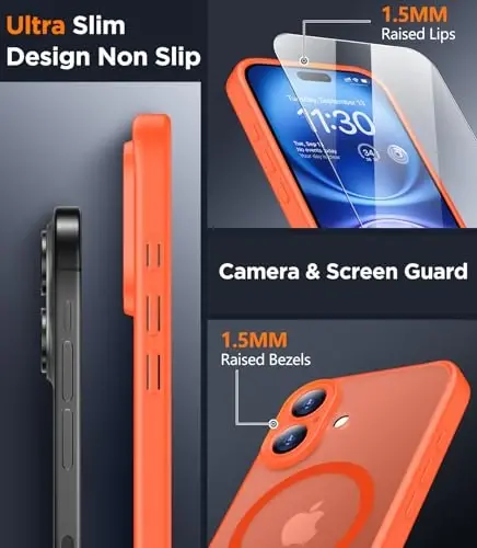 SPIDERCASE iPhone 16 Kılıfı için Tasarlandı, Manyetik Yarı Saydam [2+Temperli Cam Ekran Koruyucu] [Kamera Koruması] Parmak İzi Önleyici Çizilmez iPhone 16 6.1”, Turuncu - 4