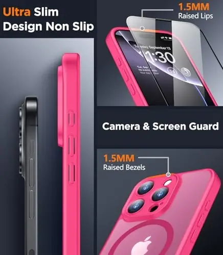 SPIDERCASE Designed for iPhone 16 Case, Magnetic Translucent [2+Tempered Glass Screen Protector] [Full Camera Protection] Anti-Fingerprint Anti-Scratch for iPhone 16 6.1”, Hot Pink - 4