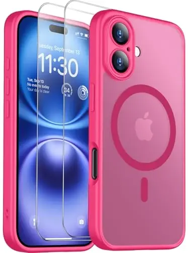 SPIDERCASE Magnetic for iPhone 16 Plus Case,with 2 Pcs [Tempered Glass Screen Protector] Translucent Matte Back Slim Shockproof Protective Phone Case for iPhone 16 Plus 6.7'',Hot Pink - 1