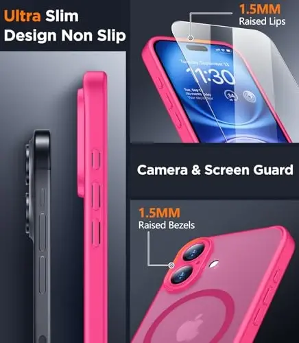 SPIDERCASE Magnetic for iPhone 16 Plus Case,with 2 Pcs [Tempered Glass Screen Protector] Translucent Matte Back Slim Shockproof Protective Phone Case for iPhone 16 Plus 6.7'',Hot Pink - 3