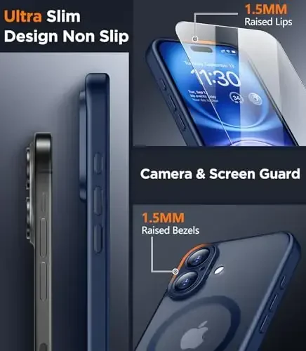 SPIDERCASE Magnetic for iPhone 16 Plus Case,with 2 Pcs [Tempered Glass Screen Protector] Translucent Matte Back Slim Shockproof Protective Phone Case for iPhone 16 Plus 6.7'',Cell Phone Holsters, Blue - 3