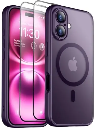 SPIDERCASE Designed for iPhone 16 Case, Magnetic Translucent [2+Full Coverage Tempered Glass Screen Protector] [Full Camera Protection] Anti-Fingerprint Anti-Scratch for iPhone 16 6.1”, Purple 