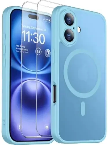 SPIDERCASE iPhone 16 Plus uchun magnitli g'ilof, 2 dona [Temperli shisha ekran himoyachisi] Yarim shaffof zarbga chidamli himoya telefon g'ilofi iPhone 16 Plus 6.7'' uchun uy tugmasi stikerlari, och ko'k - 1