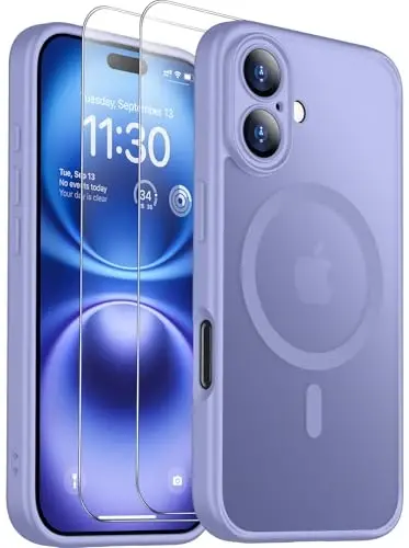 SPIDERCASE iPhone 16 Plus uchun magnitli g‘ilof, 2 dona [ закалённое стекло ekran himoyachisi] Yarim shaffof matli yupqa zarbga chidamli himoya telefoni g‘ilofi iPhone 16 Plus 6.7'' uchun, och binafsha - 2