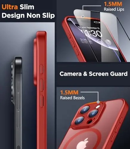 SPIDERCASE Designed for iPhone 16 Pro Case, Magnetic Translucent [2+Full Coverage Tempered Glass Screen Protector] [Full Camera Protection] Anti-Fingerprint Anti-Scratch for iPhone 16 Pro 6.3”, Red - 4