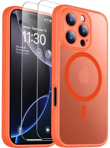 SPIDERCASE Designed for iPhone 16 Pro Case, Magnetic Translucent[2+Tempered Glass Screen Protector] [Camera Protection] Anti-Fingerprint Anti-Scratch for iPhone 16 Pro 6.3”, Orange 