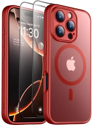 SPIDERCASE Magnetic for iPhone 16 Pro Max Case, with 2 Pcs [Tempered Glass Screen Protector] Translucent Matte Back Slim Shockproof Protective Phone Case for iPhone 16 Pro Max 6.9'',Red 