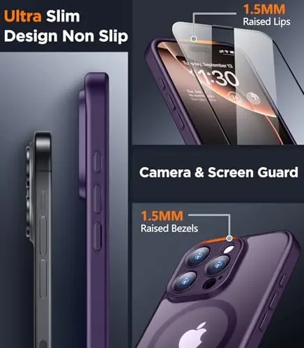 SPIDERCASE iPhone 16 Pro Max uchun magnitli gʻilof, yarim shaffof mat [2 dona закалённое shisha ekran himoyachisi] [kuchaytirilgan toʻliq kamera himoyasi] telefon gʻilofi, binafsha - 3