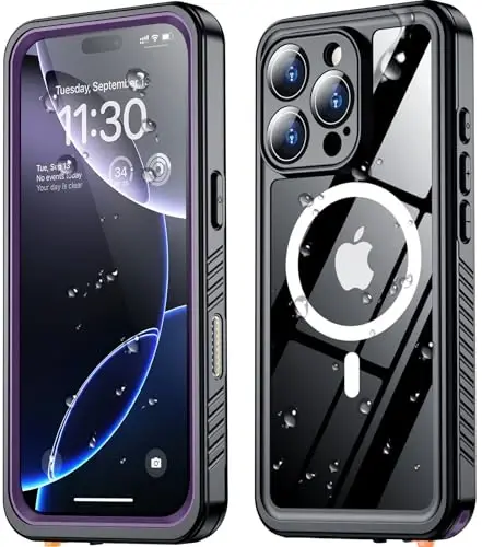 SPIDERCASE iPhone 16 Pro uchun magnitli g‘ilof Suv o‘tkazmaydigan, o‘rnatilgan ekran va kamera linzalari himoyachisi [IP68 suv osti] [Harbiy darajadagi zarbga chidamli] To‘liq tana himoyasi Telefon g‘ilofi, binafsha/shaffof - 1