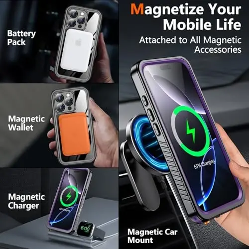 SPIDERCASE iPhone 16 Pro uchun magnitli g‘ilof Suv o‘tkazmaydigan, o‘rnatilgan ekran va kamera linzalari himoyachisi [IP68 suv osti] [Harbiy darajadagi zarbga chidamli] To‘liq tana himoyasi Telefon g‘ilofi, binafsha/shaffof - 4