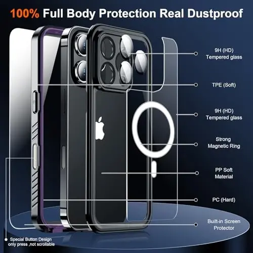 SPIDERCASE iPhone 16 Pro uchun magnitli g‘ilof Suv o‘tkazmaydigan, o‘rnatilgan ekran va kamera linzalari himoyachisi [IP68 suv osti] [Harbiy darajadagi zarbga chidamli] To‘liq tana himoyasi Telefon g‘ilofi, binafsha/shaffof - 5