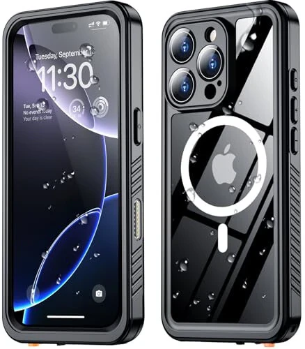 SPIDERCASE iPhone 16 Pro uchun magnitli suv o'tkazmaydigan g'ilof, o'rnatilgan ekran va kamera linzalari himoyachisi [IP68 suv osti] [Harbiy darajadagi zarbaga chidamli] To'liq korpus himoyasi telefon g'ilofi, qora/shaffof. - 1