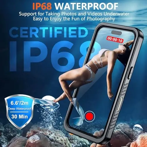 SPIDERCASE iPhone 16 Pro uchun magnitli suv o'tkazmaydigan g'ilof, o'rnatilgan ekran va kamera linzalari himoyachisi [IP68 suv osti] [Harbiy darajadagi zarbaga chidamli] To'liq korpus himoyasi telefon g'ilofi, qora/shaffof. - 3
