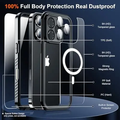 SPIDERCASE iPhone 16 Pro uchun magnitli suv o'tkazmaydigan g'ilof, o'rnatilgan ekran va kamera linzalari himoyachisi [IP68 suv osti] [Harbiy darajadagi zarbaga chidamli] To'liq korpus himoyasi telefon g'ilofi, qora/shaffof. - 5