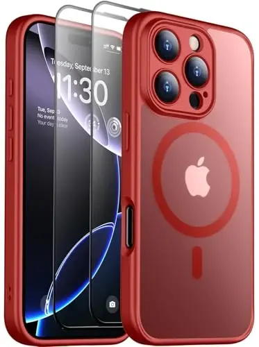 SPIDERCASE iPhone 16 Pro uchun mo'ljallangan g'ilof, Magnitli yarim shaffof [2+To'liq qamrovli temperli shisha ekran himoyachisi] [To'liq kamera himoyasi] Barmoq izlariga qarshi tirnalishga qarshi iPhone 16 Pro 6.3” uchun, Qizil 