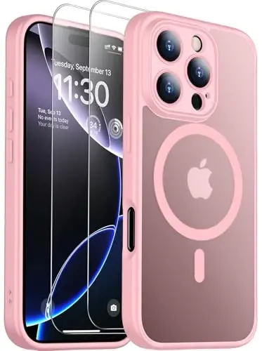 SPIDERCASE iPhone 16 Pro uchun mo'ljallangan g'ilof, magnitli yarim shaffof [2+To'liq qamrovli закаленное stekan ekran himoyachisi] [To'liq kamera himoyasi] Barmoq izlariga qarshi chidamli iPhone 16 Pro 6,3 dyuym uchun tirnalishga qarshi, pushti - 1