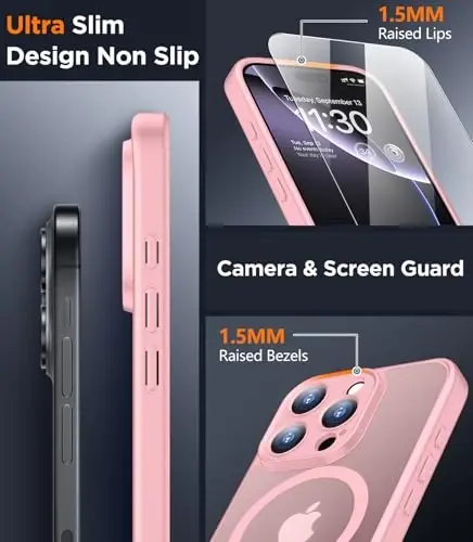 SPIDERCASE iPhone 16 Pro uchun mo'ljallangan g'ilof, magnitli yarim shaffof [2+To'liq qamrovli закаленное stekan ekran himoyachisi] [To'liq kamera himoyasi] Barmoq izlariga qarshi chidamli iPhone 16 Pro 6,3 dyuym uchun tirnalishga qarshi, pushti - 4