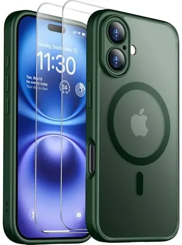 SPIDERCASE Magnetic for iPhone 16 Plus Case, with 2 Pcs [Tempered Glass Screen Protector] Translucent Matte Back Slim Shockproof Protective Phone Case for iPhone 16 Plus 6.7'', Green - 1