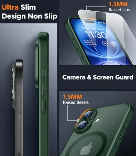 SPIDERCASE Magnetic for iPhone 16 Plus Case, with 2 Pcs [Tempered Glass Screen Protector] Translucent Matte Back Slim Shockproof Protective Phone Case for iPhone 16 Plus 6.7'', Green - 3