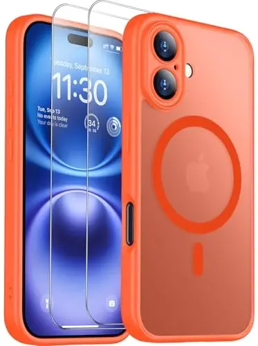 SPIDERCASE Magnetic for iPhone 16 Plus Case, with 2 Pcs [Tempered Glass Screen Protector] Translucent Matte Back Slim Shockproof Protective Phone Case for iPhone 16 Plus 6.7'', Orange 