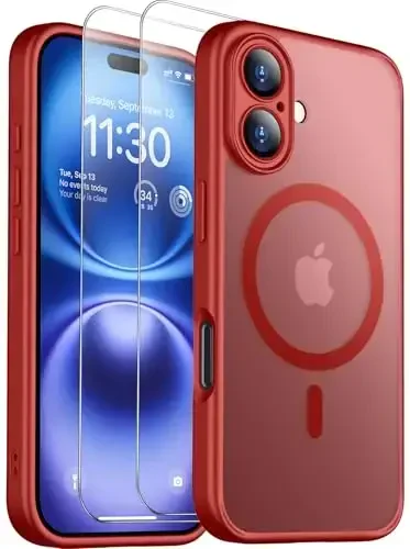 SPIDERCASE Magnetic for iPhone 16 Plus Case, with 2 Pcs [Tempered Glass Screen Protector] Translucent Matte Back Slim Shockproof Protective Phone Case for iPhone 16 Plus 6.7'', Red - 1
