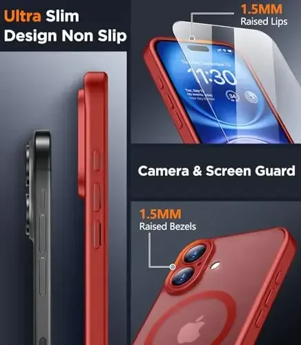 SPIDERCASE Magnetic for iPhone 16 Plus Case, with 2 Pcs [Tempered Glass Screen Protector] Translucent Matte Back Slim Shockproof Protective Phone Case for iPhone 16 Plus 6.7'', Red - 3