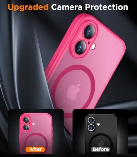 SPIDERCASE Magnetic for iPhone 16 Plus Case,with 2 Pcs [Tempered Glass Screen Protector] Translucent Matte Back Slim Shockproof Protective Phone Case for iPhone 16 Plus 6.7'',Hot Pink - 5