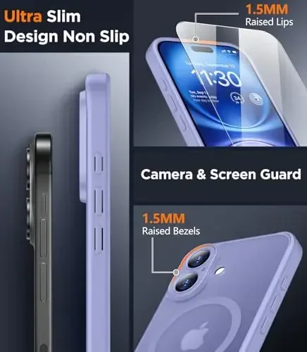 SPIDERCASE Magnetic for iPhone 16 Plus Case,with 2 Pcs [Tempered Glass Screen Protector] Translucent Matte Back Slim Shockproof Protective Phone Case for iPhone 16 Plus 6.7'',Light Purple - 3