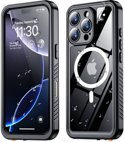 SPIDERCASE Magnetic for iPhone 16 Pro Case Waterproof, Built-in Screen & Camera Lens Protector[IP68 Underwater] [Military Grade Shockproof] Full Body Protection Phone Case,Black/Clear - 1