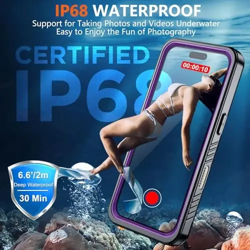 SPIDERCASE Magnetic for iPhone 16 Pro Case Waterproof,Built-in Screen & Camera Lens Protector[IP68 Underwater] [Military Grade Shockproof] Full Body Protection Phone Case,Purple/Clear - 3