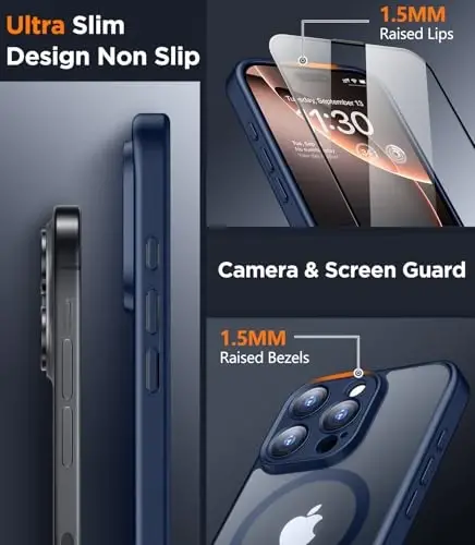 SPIDERCASE Magnetic for iPhone 16 Pro Max Case, with 2 Pcs [Tempered Glass Screen Protector] Translucent Matte Back Slim Shockproof Protective Phone Case for iPhone 16 Pro Max 6.9'',Blue - 4