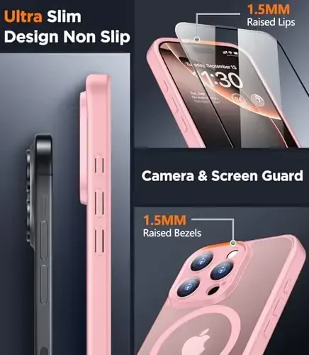 SPIDERCASE Magnetic for iPhone 16 Pro Max Case, with 2 Pcs [Tempered Glass Screen Protector] Translucent Matte Back Slim Shockproof Protective Phone Case for iPhone 16 Pro Max 6.9'',Pink - 4