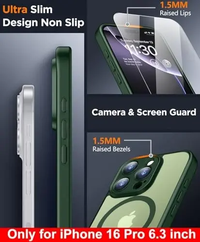 SPIDERCASE Only for iPhone 16 Pro Case, Magnetic Phone Case Just Compatible with iPhone 16 Pro 6.3”, Green/Clear - 4