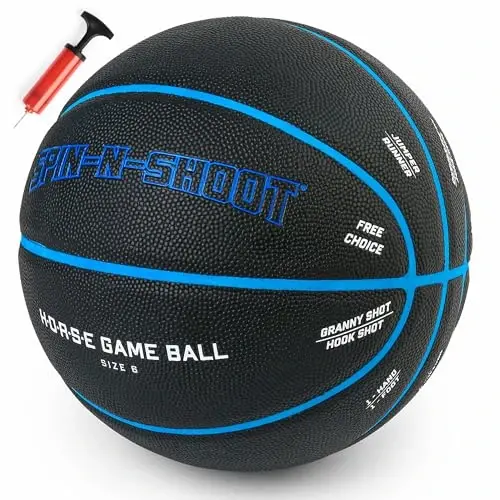 Spin-N-Shoot Basketball, O'g'il bolalar va qizlar uchun uy ichida va tashqarisida basketbol o'yini, O'yin o'ynash bo'yicha ko'rsatmalar bilan Horse Game Ball, Rasmiy 6-razmer (28,5''), Nasos va igna bilan birga - 1