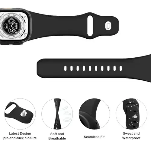 Sport Bands Compatible with Apple Watch 38mm 40mm 41mm 42mm 44mm 45mm 49mm, Soft Silicone Replacement Waterproof Strap Wristband for iWatch Series Ultra 10/9/8/7/6/5/4/3/2/1 SE Women Men, Black - 3