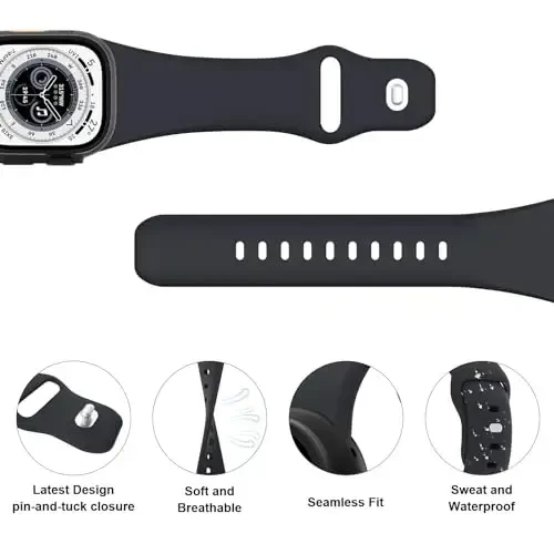 Sport Bands Compatible with Apple Watch 38mm 40mm 41mm 42mm 44mm 45mm 49mm, Soft Silicone Replacement Waterproof Strap Wristband for iWatch Series Ultra 10/9/8/7/6/5/4/3/2/1 SE Women Men, Midnight - 3