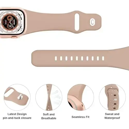 Sport Bands Compatible with Apple Watch 38mm 40mm 41mm 42mm 44mm 45mm 49mm, Soft Silicone Replacement Waterproof Strap Wristband for iWatch Series Ultra 10/9/8/7/6/5/4/3/2/1 SE Women Men, Milk Tea - 3