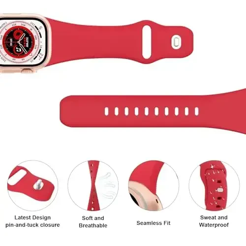 Sport Bands Compatible with Apple Watch 38mm 40mm 41mm 42mm 44mm 45mm 49mm, Soft Silicone Replacement Waterproof Strap Wristband for iWatch Series Ultra 10/9/8/7/6/5/4/3/2/1 SE Women Men, Red - 3