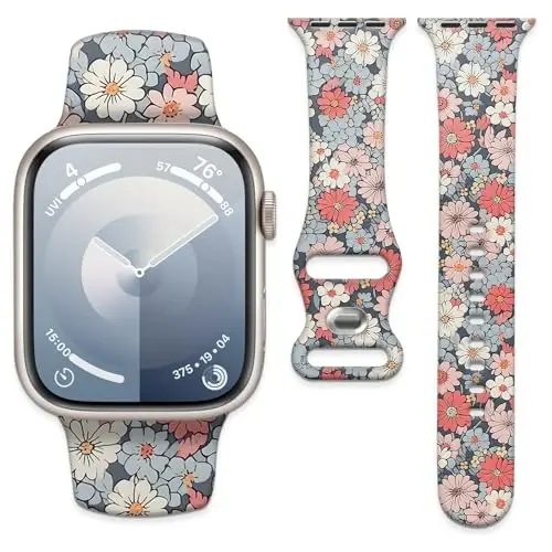 Sport Watch Band Compatible with iWatch Band 38mm 40mm 41mm Women, Soft Silicone Floral Print Sport Strap Replacement Wristbands for iWatch Series Ultra 9 8 7 6 5 4 3 2 1 SE 