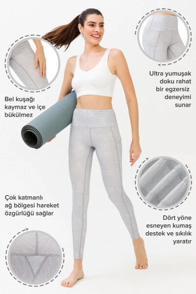 Спортивные леггинсы для женщин из меланжевой серой ткани с высокой талией и двумя карманами, моделирующие фигуру - 3