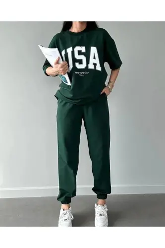 Спортивный костюм Usa - Джоггеры с футболкой, зеленая печать, верх и низ, оверсайз, воротник-поло - CLAYES (1)