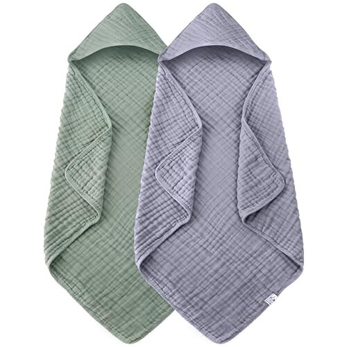 Spotted Play 2 Pack Hooded Baby Towels - 100% Muslin Cotton for Newborns, Infants, Toddlers - Large 32x32Inch Size - Highly Absorbent and Essential for Newborn Care, Green and Grey - 43