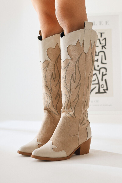 Spring Beige Suede Western Heeled Boots - 1