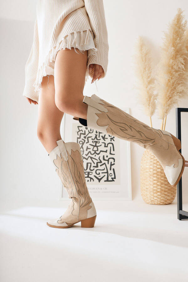 Spring Beige Suede Western Heeled Boots - 2